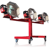 Three CenturionPro HP3 debudding machines with silver hoppers and red motors on a mobile red stand with casters.