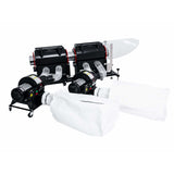 CenturionPro Mini Tandem bud trimming system with two black units, motors, hoses, and white collection bags on wheels.