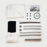 CenturionPro Mini Trimmer parts kit: white/black fabrics, corrugated tubes, bearings, fasteners, brush, belt, foil strip.