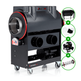 CenturionPro bud trimming machine (black/grey with red accents, on wheels) with collection bin, bags, dust collector, and trimming barrel.