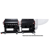 CenturionPro Original tandem wet/dry bud trimming system. Two black machines with red accents on a rail system with wheels.
