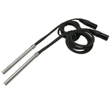 Pair of stainless steel heating rods with black braided cables, coiled sections, and black connectors.