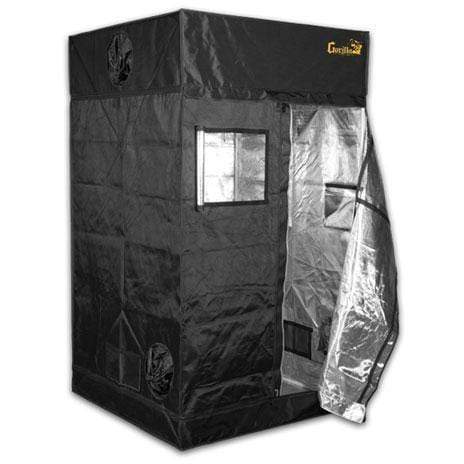 Black Gorilla hydroponics grow tent, partially open, reflective interior, with side window and vent ports.