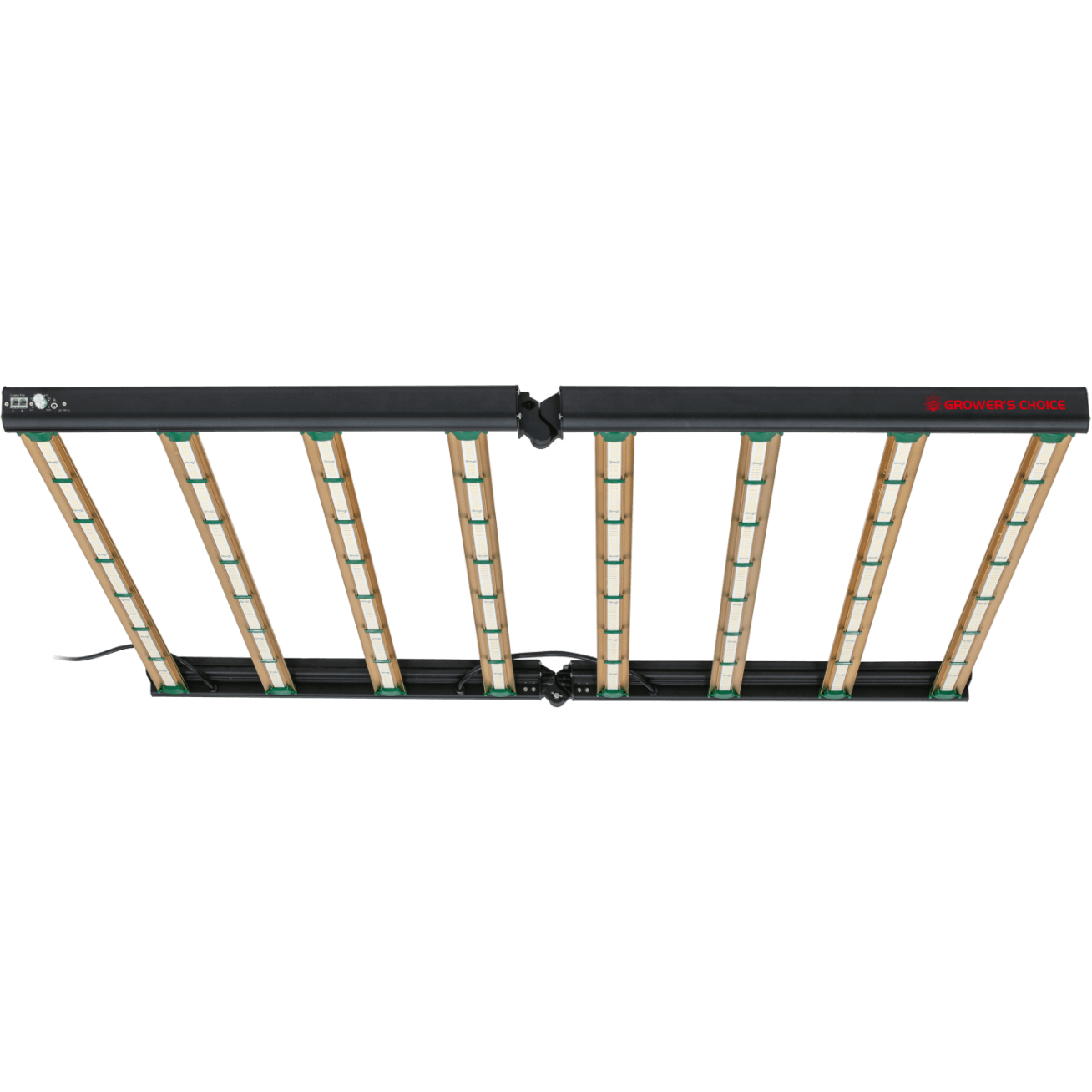 Grower's Choice ROI-E900 LED commercial grow light fixture with black frame and multiple light bars.