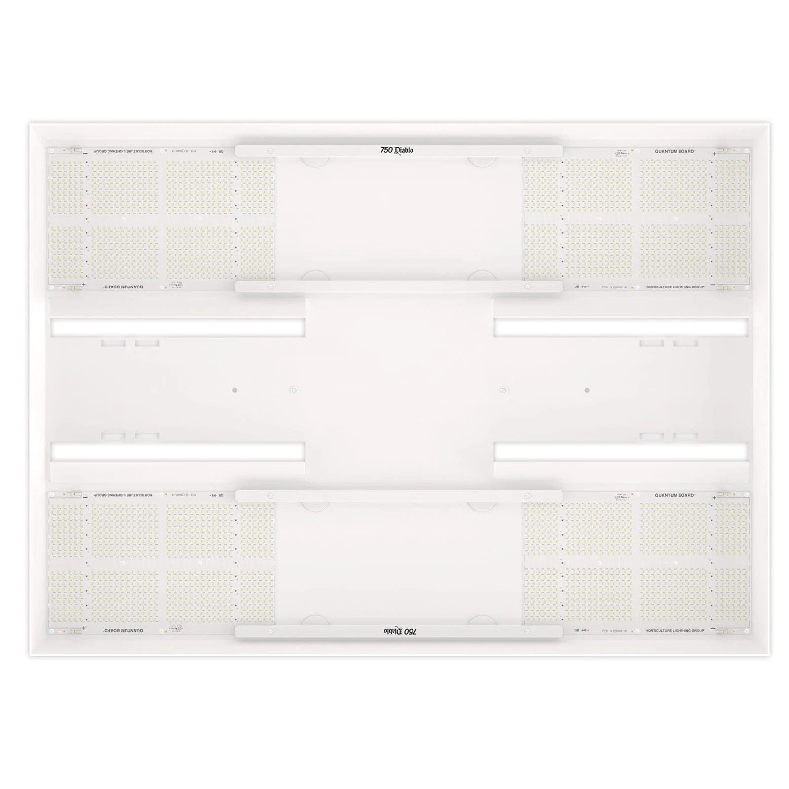 HLG 750 Diablo full spectrum LED grow light. White rectangular fixture showing multiple Quantum Boards with bright LEDs.