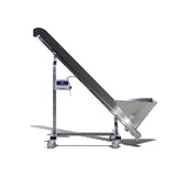 Mobile inclined auto-feed conveyor system with dark belt, stainless steel frame, hopper, and control box on wheels.