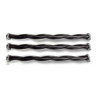 Three black twisted trimmer brush rolls with grey end caps, arranged horizontally on a white background.