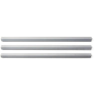 Three parallel silver hexagonal metal bars, uniformly shaped and horizontally arranged against a white background.