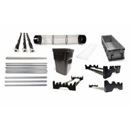 Mobius trimmer hot-swap kit components: brushes, mesh tube, grey bins, metal rods, and black support stands.