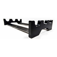 Black horizontal stand with six U-shaped slots and two connecting bars, isolated on a white background.