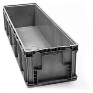 Long gray plastic industrial storage bin, empty and stackable, with reinforced walls and integrated handles.