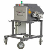 Munch Machine industrial debudder/bucker on wheels, stainless steel with a yellow octopus logo.