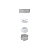 Exploded view of a NUG SMASHER Mini decarboxylation capsule, showing white jar and lid, and gray hexagonal housing.