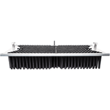 Front view of a black multi-cell plant propagation tray with a silver metal frame, handles, and grid top, white background.