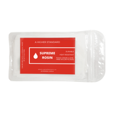White Supreme Rosin 25 micron food-grade nylon rosin press filter bags in clear pouch with red product label.