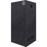 Tall black grow tent with a zippered front, circular top logo, and side circular ventilation ports and rectangular flap.