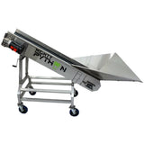 MIGHTY PYTHON stainless steel incline conveyor system with a feed hopper and mobile casters.