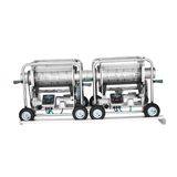 Two silver industrial trimming machines in tandem, featuring cylindrical tumblers, brushes, control panels, and wheels on a white background.