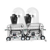 Two Twister T2 tandem bud trimmers with trim saver systems, chrome frames, white hoses, black collectors, on wheels.