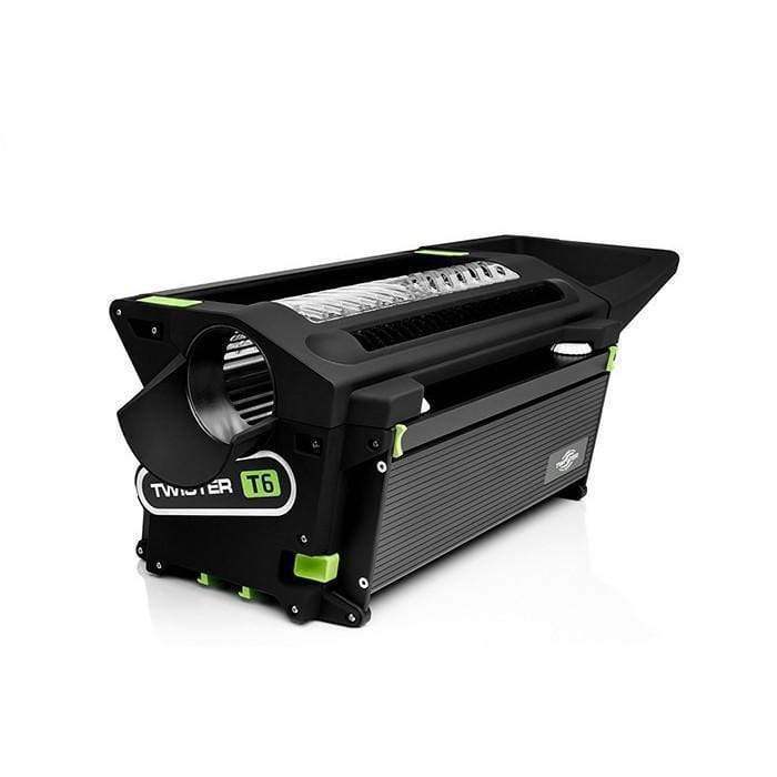 Black Twister T6 wet/dry bud trimming machine and leaf collector, with bright green accents & clear top.