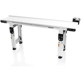 Industrial feed conveyor system with a white belt, adjustable silver legs, and a black motor on a white background.